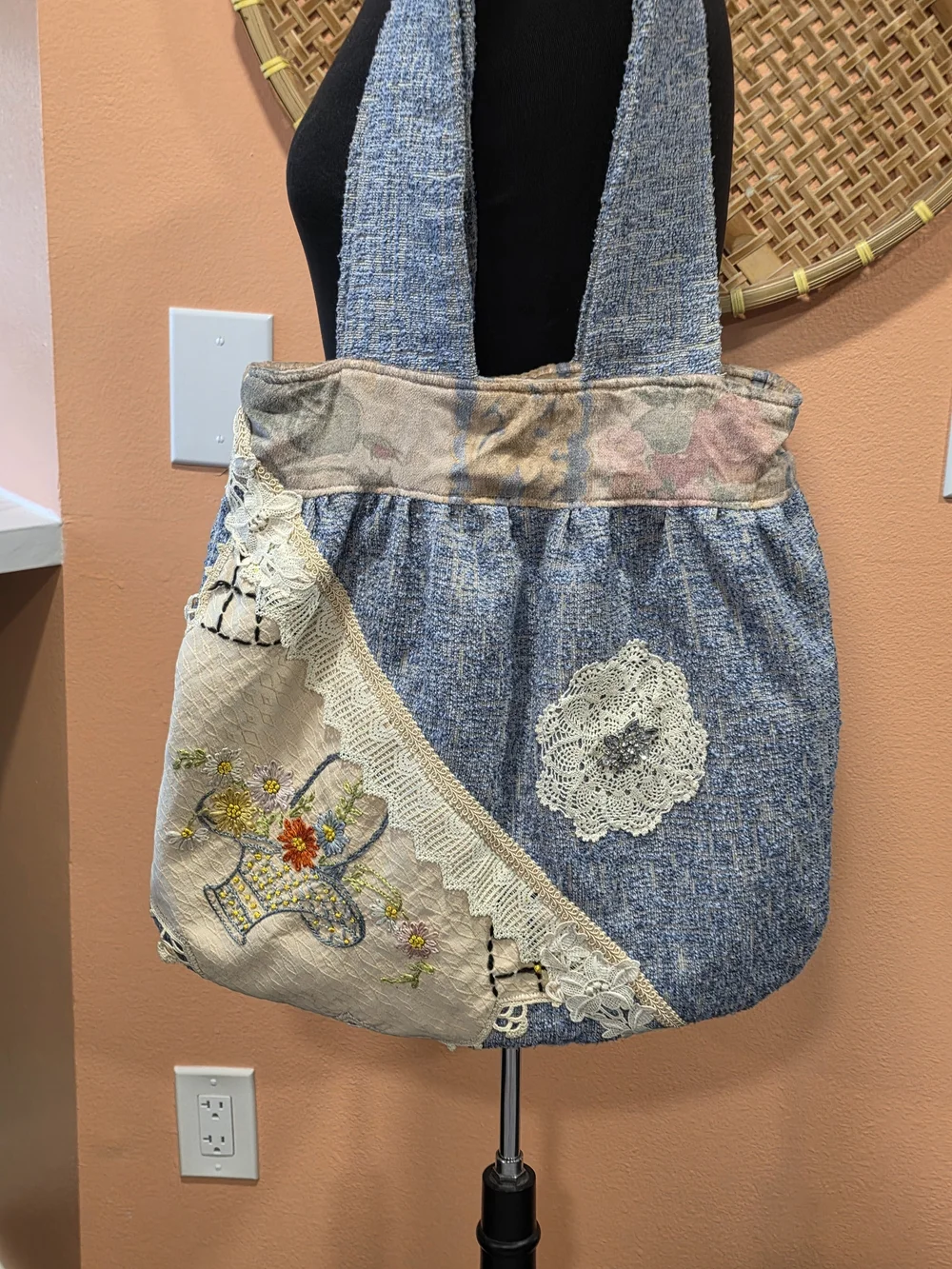 Handmade Patchwork Boho Embroidered Tote Shoulder Bag - Blue Cottagecore